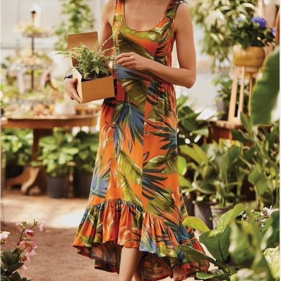 Soft Surroundings Dresses & Skirts - Soft Surrounding Fabiana Rouille Palms Hi
Low Jersey Ruffle Hem Dress